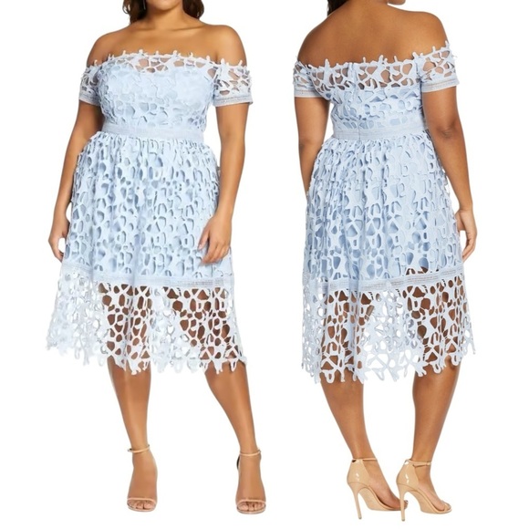 CHI CHI LONDON SKY BLUE GUIPURE FLORAL LACE OFF THE SHOULDER COCKTAIL DRESS - Picture 2 of 15
